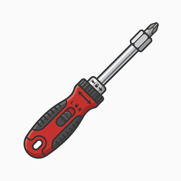 An illustration of a red and black ratcheting screwdriver with a Phillips head bit. It features directional arrows and a locking mechanism, presented on a white background.