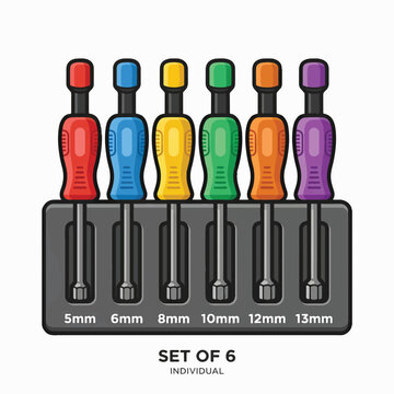 A vibrant vector illustration of a set of six metric nut drivers (5mm-13mm) in a grey stand, each with a distinct colorful handle.