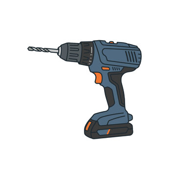 A clean, stylized illustration of a blue-gray and orange cordless power drill with a drill bit and battery pack, on a plain white background.