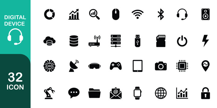 Digital device icons set with 32 symbols for technology and communication. the icons are mouse, game, router. vector illustration.