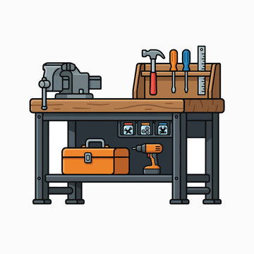 A minimalist illustration of a complete workbench setup with a vise, hand tools, power drill, toolbox, and small parts storage, on a white background.