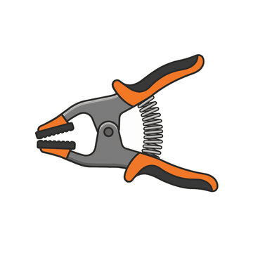 An illustration of an open spring clamp with a gray body and orange handles/tips, featuring a visible spring and textured jaws, on a white background.