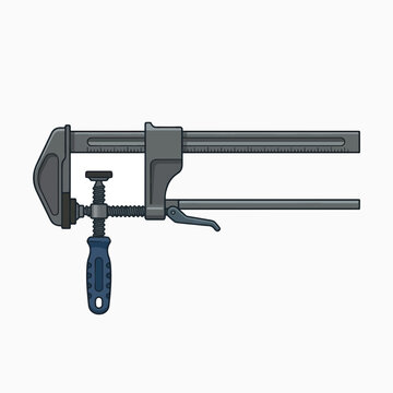 An illustration of a grey F-clamp or bar clamp with a blue handle, used as a woodworking tool for gripping and holding materials during projects.