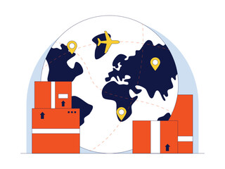 A globe shows continents with location pins and dashed flight routes. An airplane flies across. Stacked orange shipping boxes sit on both sides. © Calm Girl