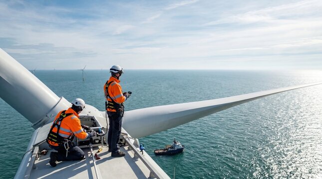 Male technician worker in safety gear protective equipment inspecting repairing maintaining checking operating on top of windmill turbine generator structure offshore wind farm