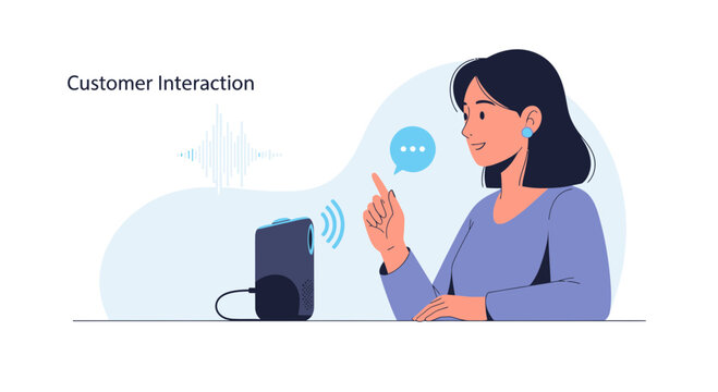 Woman interacting with smart speaker via voice command for customer service
