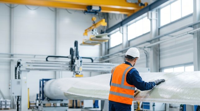 Male industrial worker inspecting large turbine blade inside manufacturing facility with safety gear engineering background