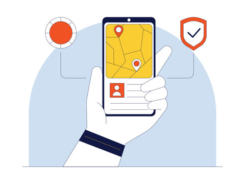 A hand holds a phone showing a yellow map with two location pins and a driver's profile card. A loading circle and a security shield with a checkmark float nearby.