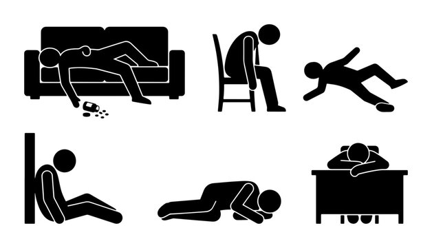 Exhausted Stick Figure Poses, Burnout and Fatigue Icons, Depressed Human Silhouettes, Vector Set for Stress and Overwork Concepts