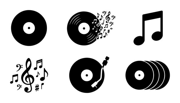 Vintage Vinyl Record Icons, Music Notes Set, Retro Audio Symbols, Classic Sound Elements, Black and White Vector Graphics