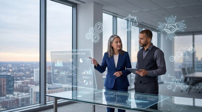Business executives analyzing digital dashboard data hologram interface showing governance and ethical leadership metrics corporate strategy meeting with technology overlay in