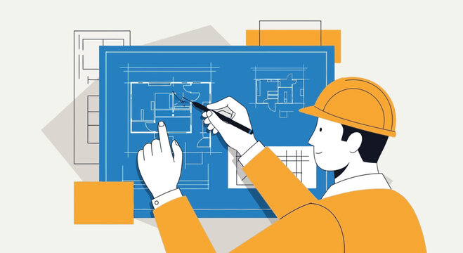 Architect pointing at blueprint, construction planning, engineer design concept