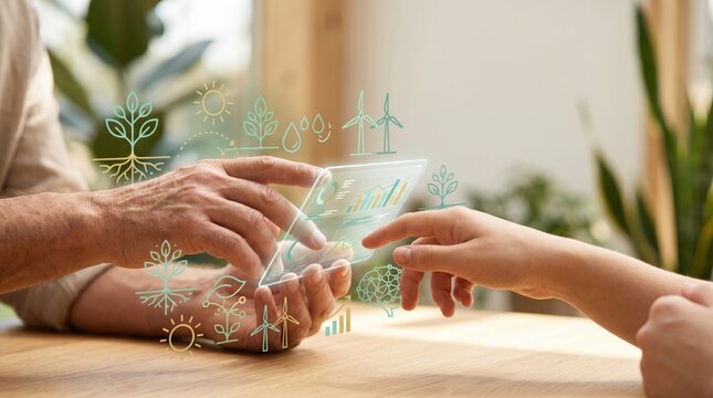 Future energy sustainability concept with smart glass interface green technology renewable power wind turbines solar system education ecofriendly environment climate change carbon