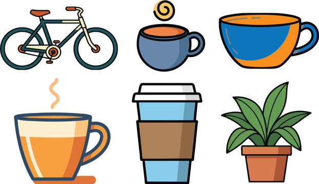 Collection of flat lifestyle vector clipart featuring coffee cups, bicycle, takeaway drink, and houseplant isolated on white background. Suitable for stickers, planners, social media, educational mate
