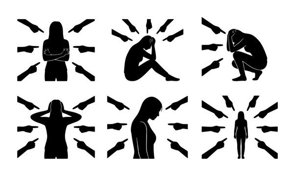Victimization Silhouette Set: Accusation, Blame, Social Pressure, Isolation, Shame, Anxiety, Depression, Bullying, Harassment, Scapegoat, Social Anxiety, Mental Health