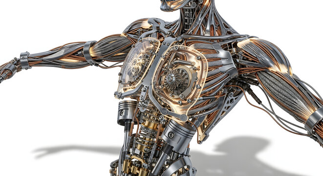 High‑detail mechanical humanoid torso with metallic muscles, glowing core and intricate engineering