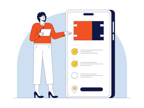 Woman in an orange sweater holds tablet and gestures toward large phone showing package image at the top and checklist with two completed steps and one pending, plus location pin button at the bottom.