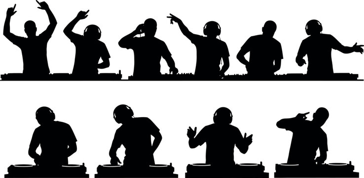 Vector illustration of people practicing music playing poses in silhouette style