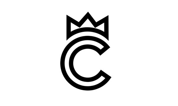 Letter C and Crown Logo Design. Minimalist black C initial with royal crown symbol. Double line geometric graphic for branding, elegant identity, and modern icon concept.