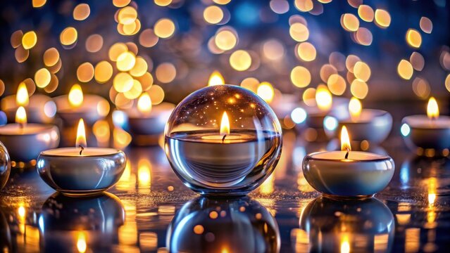 A photo of tranquil gel candles reflecting on a smooth surface, creating serene, glowing orbs that softly illuminate the surroundings
