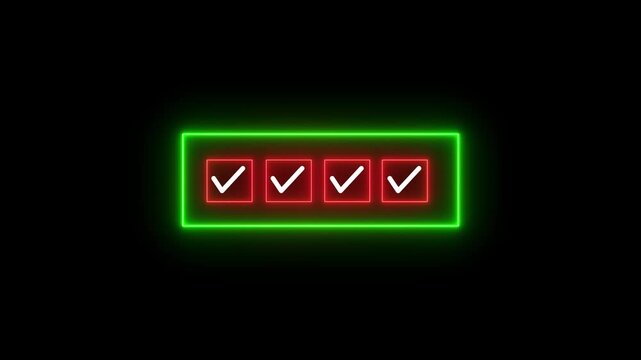 Neon light 4 step infographic process with check mark icon animation. Glowing neon light Check mark icon and tick mark icon animation on black background