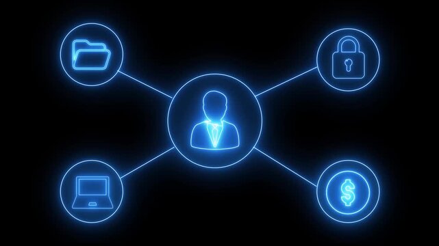 Glowing Digital Communication and Business Management Icons, Concept Flowchart with Icons for Business Growth Innovation Finance and Technology Integration.