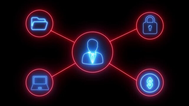 Business Technology Network Motion Graphic on Dark Background. glowing icons and abstract data network for strategic financial performance analysis video