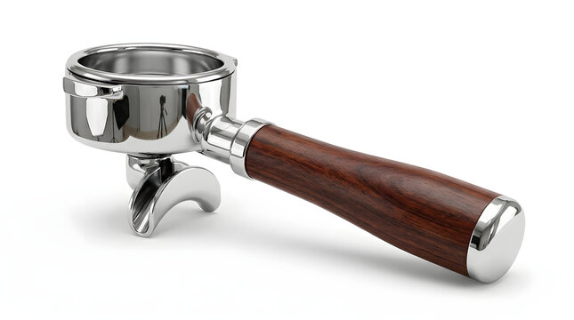 Espresso machine portafilter with a wooden handle suitable for coffeerelated designs, cafes, barista training materials, coffee shops, and brewing guides.
