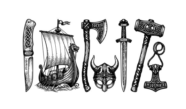 Viking engraving vector set knife drakkar axe helmet thor amulet tattoo illustration