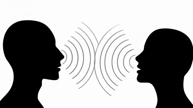 Two silhouettes engaged in deep conversation with visible sound waves representing communication and connection