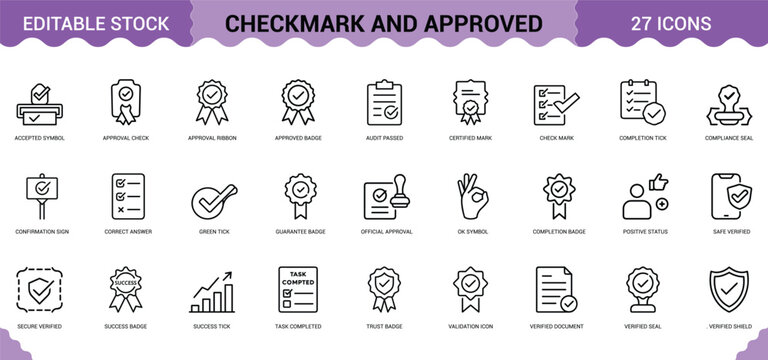 Checkmark and approved flat line icon set for quality control validation and digital verification.