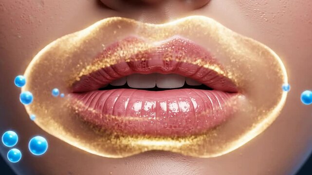 Stylized Close-Up Lip Design Featuring Glittering Gold and Blue Pearls in Artistic Beauty Concept
