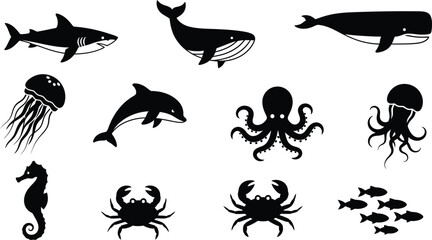 Black Sea Creatures Silhouettes on White Background © ali
