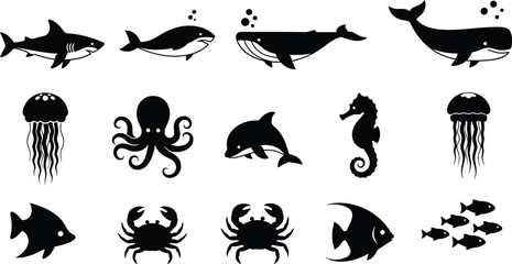 Black Sea Creatures Silhouettes on White Background © ali