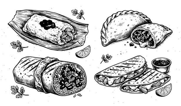 Hand drawn Mexican fast food sketch vector set