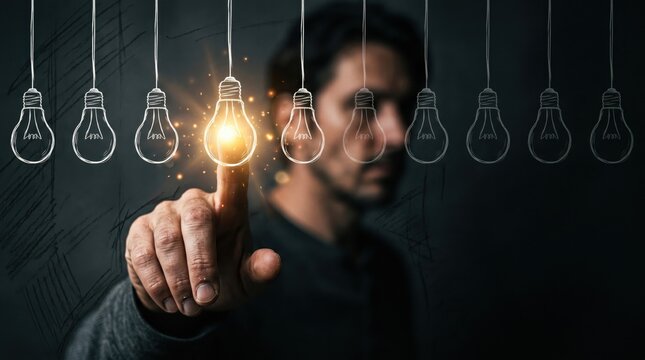 Illuminating the Path: A man's hand reaches out to touch a glowing lightbulb, symbolizing innovation and the spark of an idea in a creative and intellectual environment.