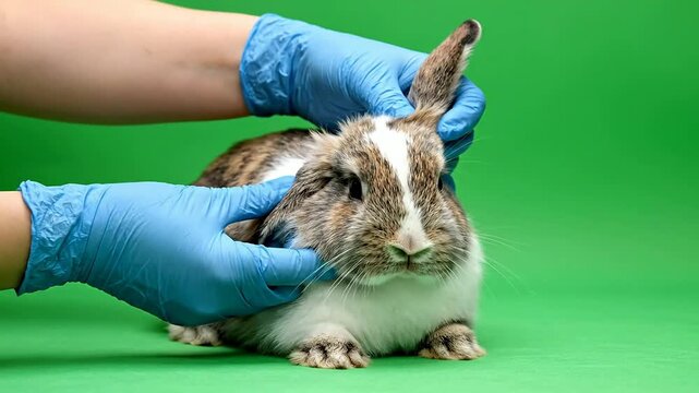Veterinarian Examining Healthy Rabbit's Ear While Wearing Blue Gloves on Green Chroma Key Background