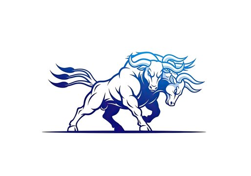 Powerful blue charging bull mascot illustration on white background