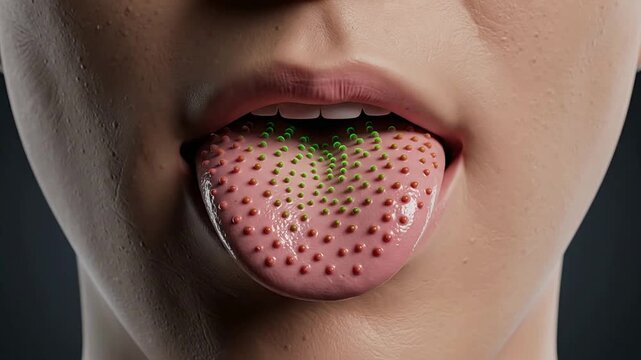 Vibrant LED Light Patterns on Human Tongue Close-Up Against Dark Studio Background for Creative Health and Technology Concepts