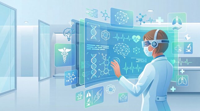Future healthcare technology medical research lab hologram interface with dna molecular structure brain network icons heart rate monitoring