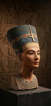 Authentic limestone bust of Queen Nefertiti, ncient Egyptian artifact with missing left eye and realistic weathered texture, cinematic studio lighting on temple background, 8k resolution 