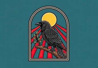 Fototapeta premium Raven perched on branch with retro sun background illustration
