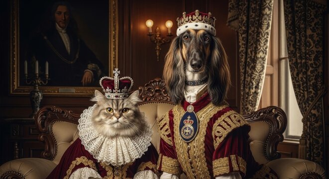 Regal persian cat and afghan hound wearing royal crowns and ornate attire sitting on throne in luxurious interior