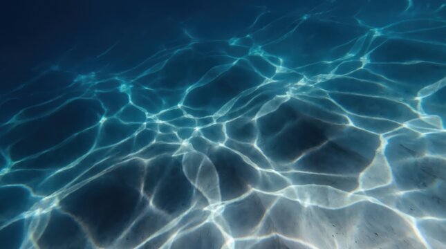 Underwater sun rays and light caustics on sea floor, shimmering blue water surface background, aquatic ocean ripples with sunbeams, deep turquoise marine environment for summer advertising.