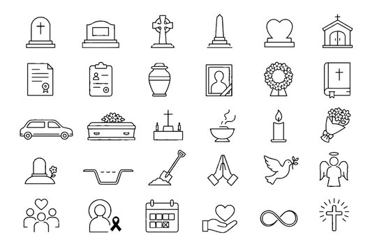 Memorial and Funeral Line Icon Set with Cemetery, Urn, and Commemoration Symbols