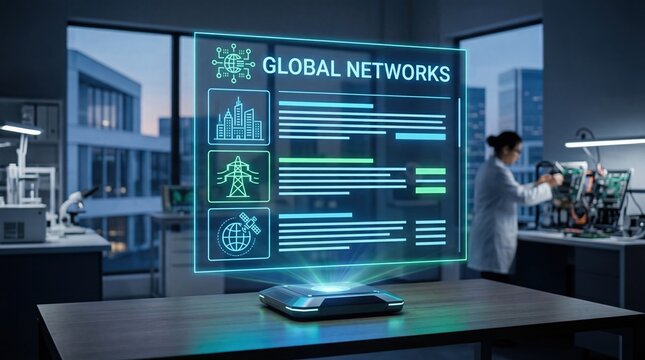 Futuristic holographic interface displaying global networks data visualization in modern laboratory science and technology concept smart city infrastructure monitoring system with