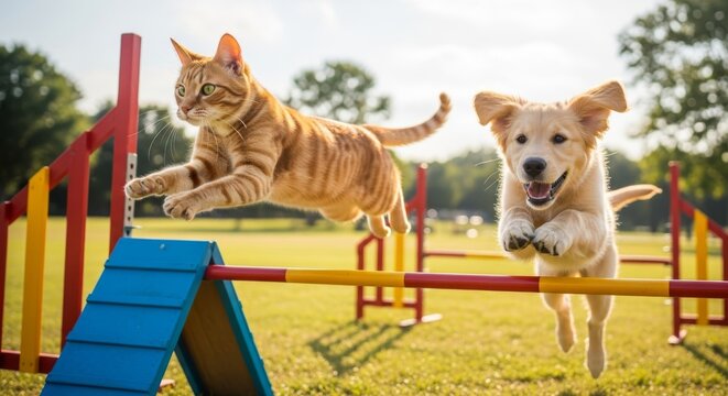 Dynamic action shot of agile cat and happy dog jumping over obstacle course in park with trees