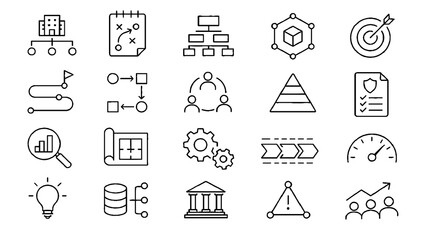 Fototapeta premium Workflow and Business Process Line Icon Set with Planning, Management, and Analytics Tools