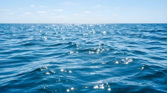 Sparkling blue ocean water ripples under a clear sky with faint clouds. Sunlight creates a glittering effect on the sea surface toward the horizon.