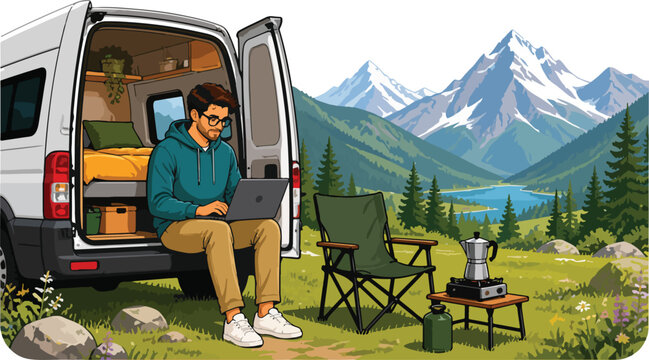 Man works on laptop beside camper van in scenic mountain landscape